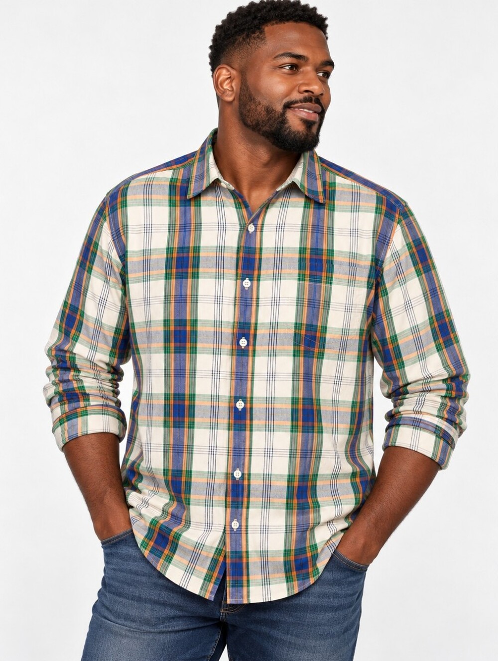 Timberland Men’s Classic Fit Plaid Dress Shirt XXL Blue Green Orange